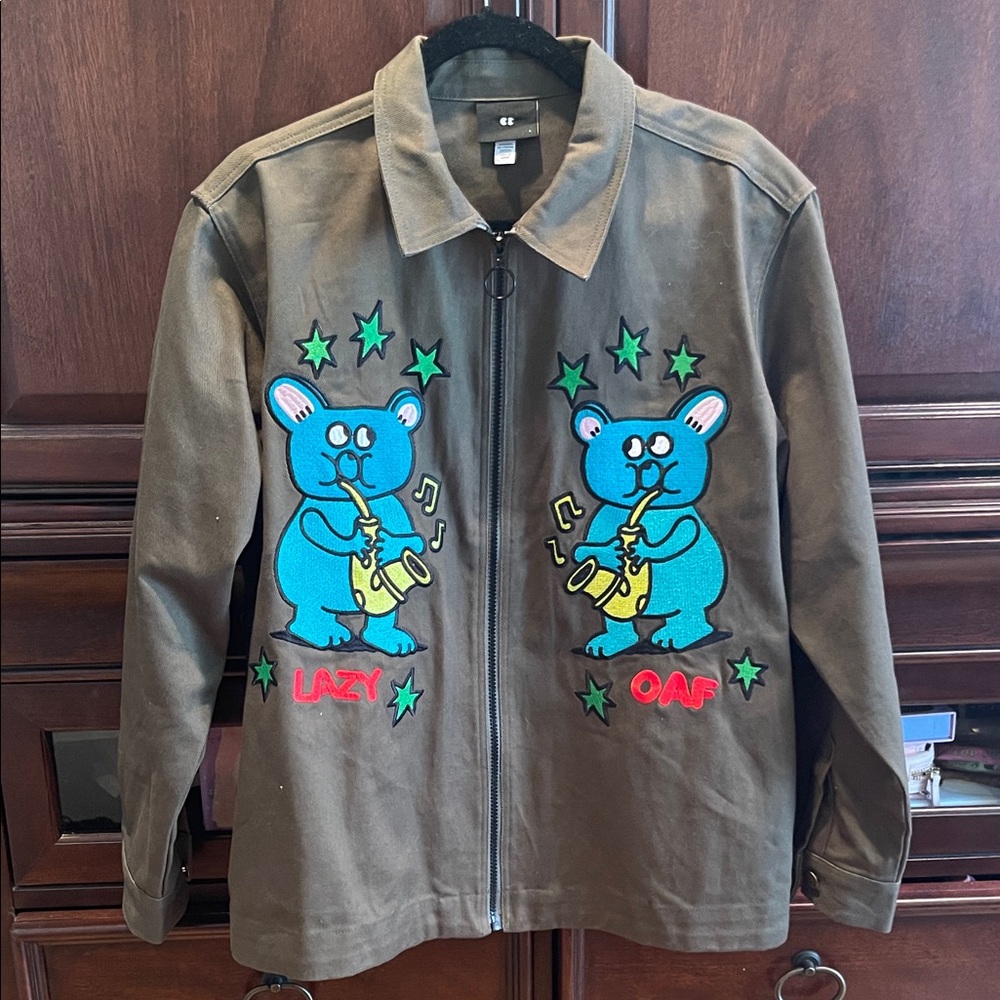 Lazy Oaf Olive Jacket with Jazzy Bear and Green Stars Chore coat